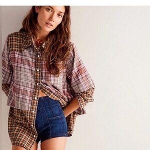 Free People Layer it Up Boho Plaid Flannel Snap Down Bohemian Top X Small